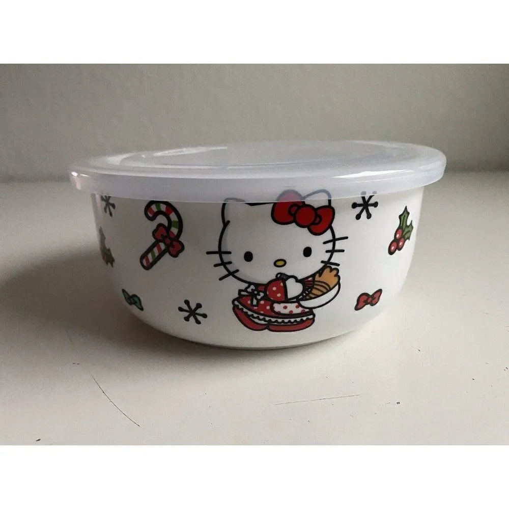 Hello Kitty Christmas Pressure Lid Ceramic Food Storage Bowl Container Large NEW